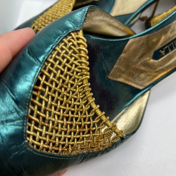 Rene Caovilla Teal and Gold Woven Heels - Picture 4 of 8